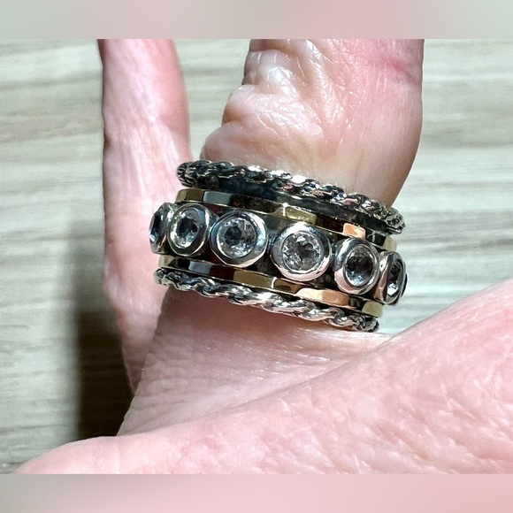 Designer Or Paz Sterling Silver & 14K Gold Cubic Zirconia Spinner Ring, Size 5.5 - Picture 6 of 7